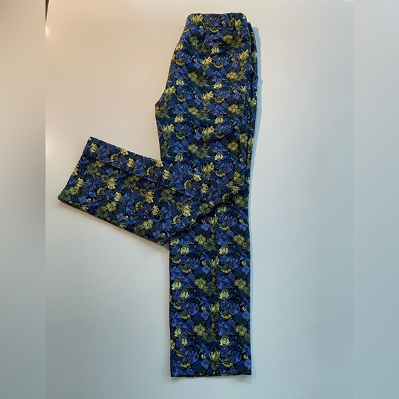 Anthropologie Current Air Bluebell Jacquard Pants Blue Yellow Floral Motif - Picture 2 of 12